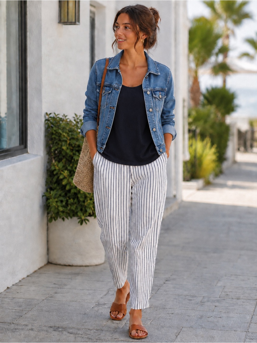 Just Living Pinstripe Linen Feel Drawstring Ankle Pants Size Large